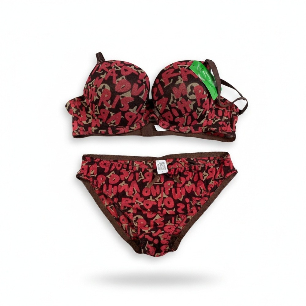 Best Bra Lingerie Set Brown Red Monogram Padded Underwire Bra Sz 40/90 Panty L